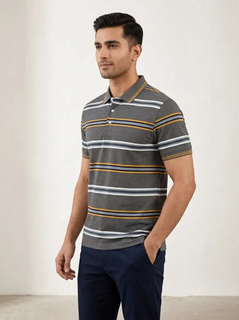 AI Generated LC Men GreyMustard Polo Model Studio Shot