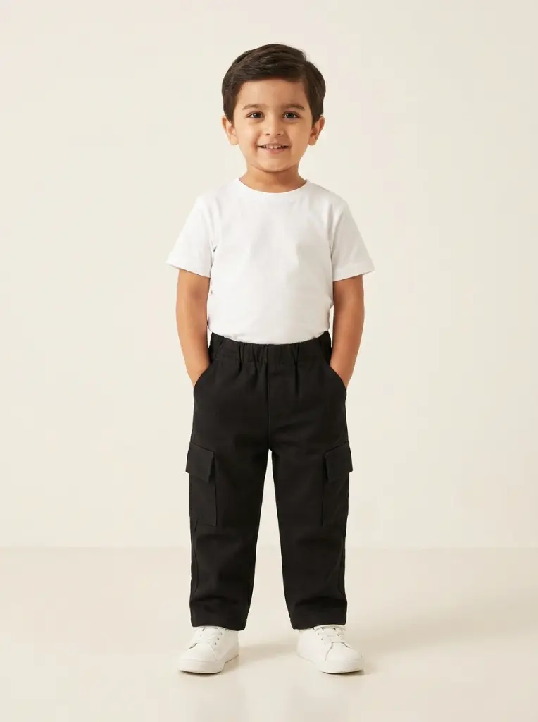 AI Generated Minne Minors Black Cargo Pant Model Off-White Background