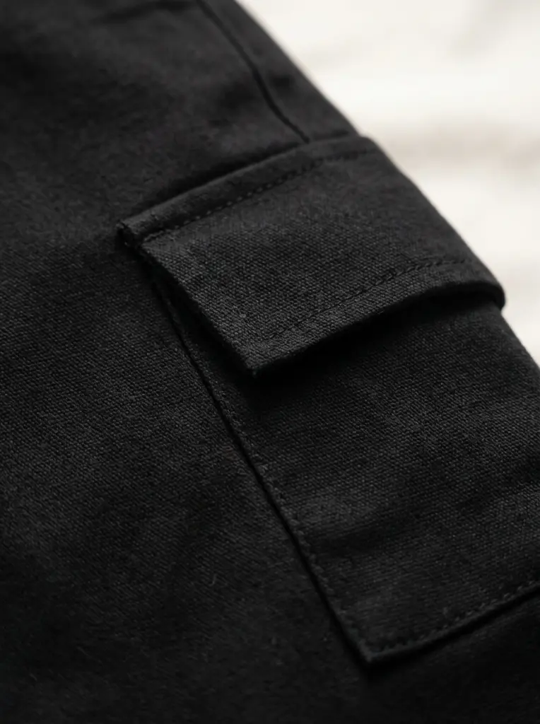AI Generated Minne Minors Black Cargo Pant Pocket Detail Shot
