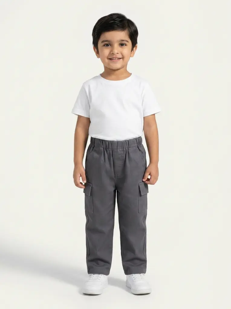 AI Generated Minne Minors Grey Cargo Pant Studio Shot