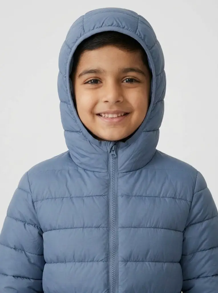 AI Generated Imported Blue Puffer Jacket - Hooded Pose
