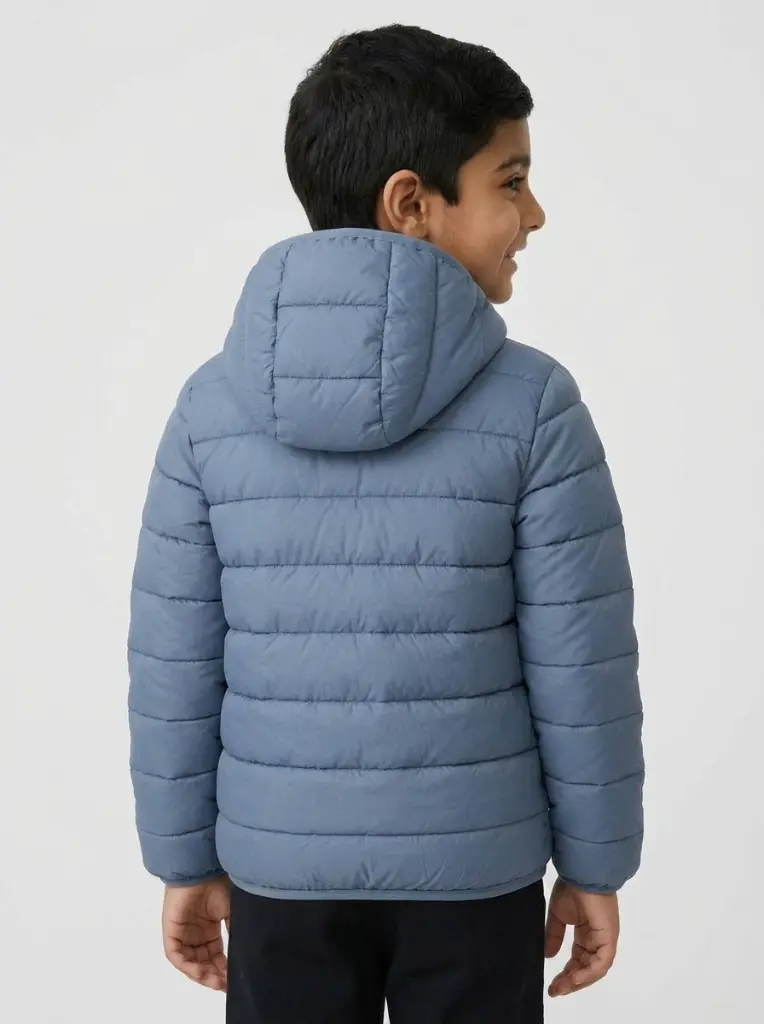 AI Generated Imported Blue Puffer Jacket - Back View Pose