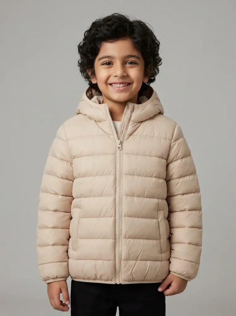 AI Generated Imported Skin Puffer Jacket on Child Model