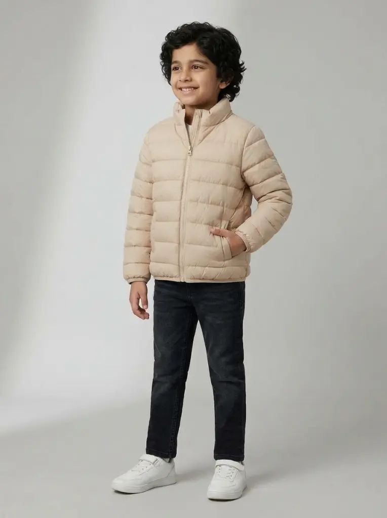 AI Generated Stylish Pose Imported Skin Puffer Jacket Child Model