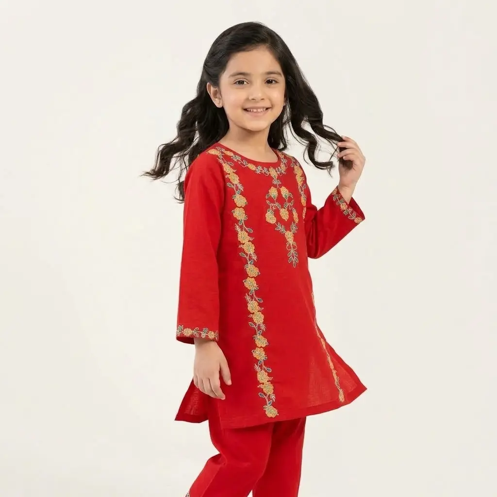 AI Generated Child Model in Red Couture Suit - Alternate Pose