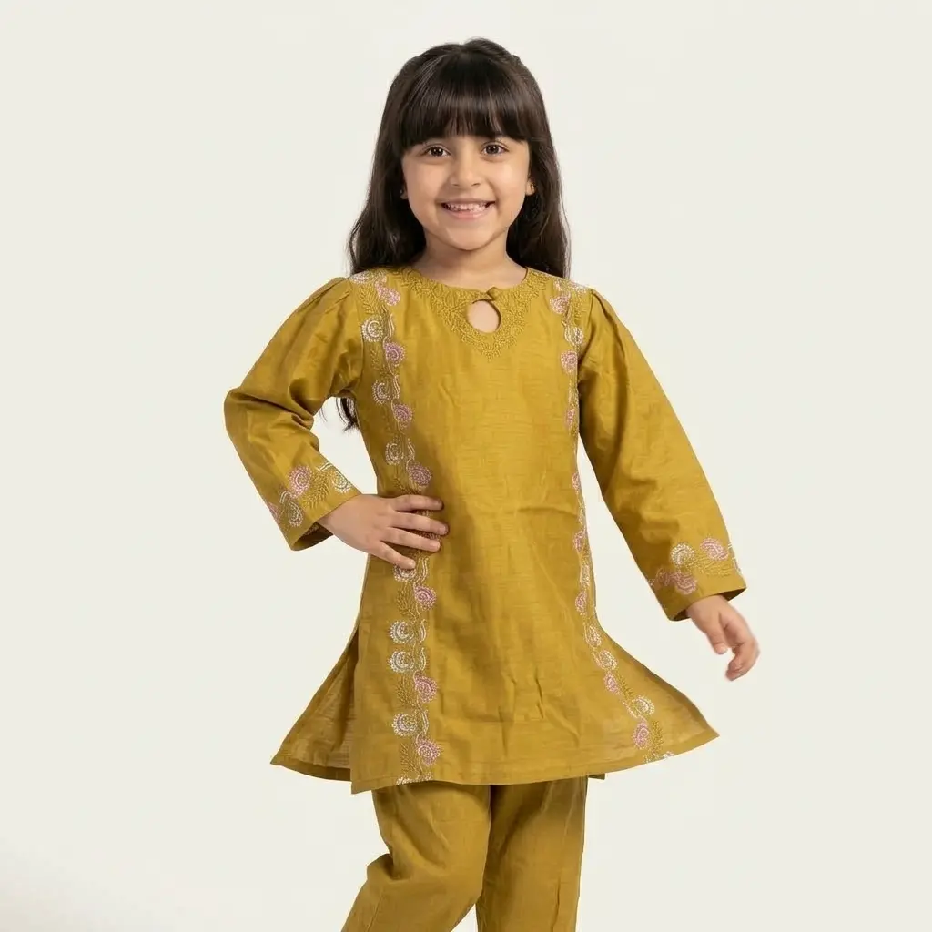 AI Generated KC Raw Silk Mustard Suit - Playful Studio Pose