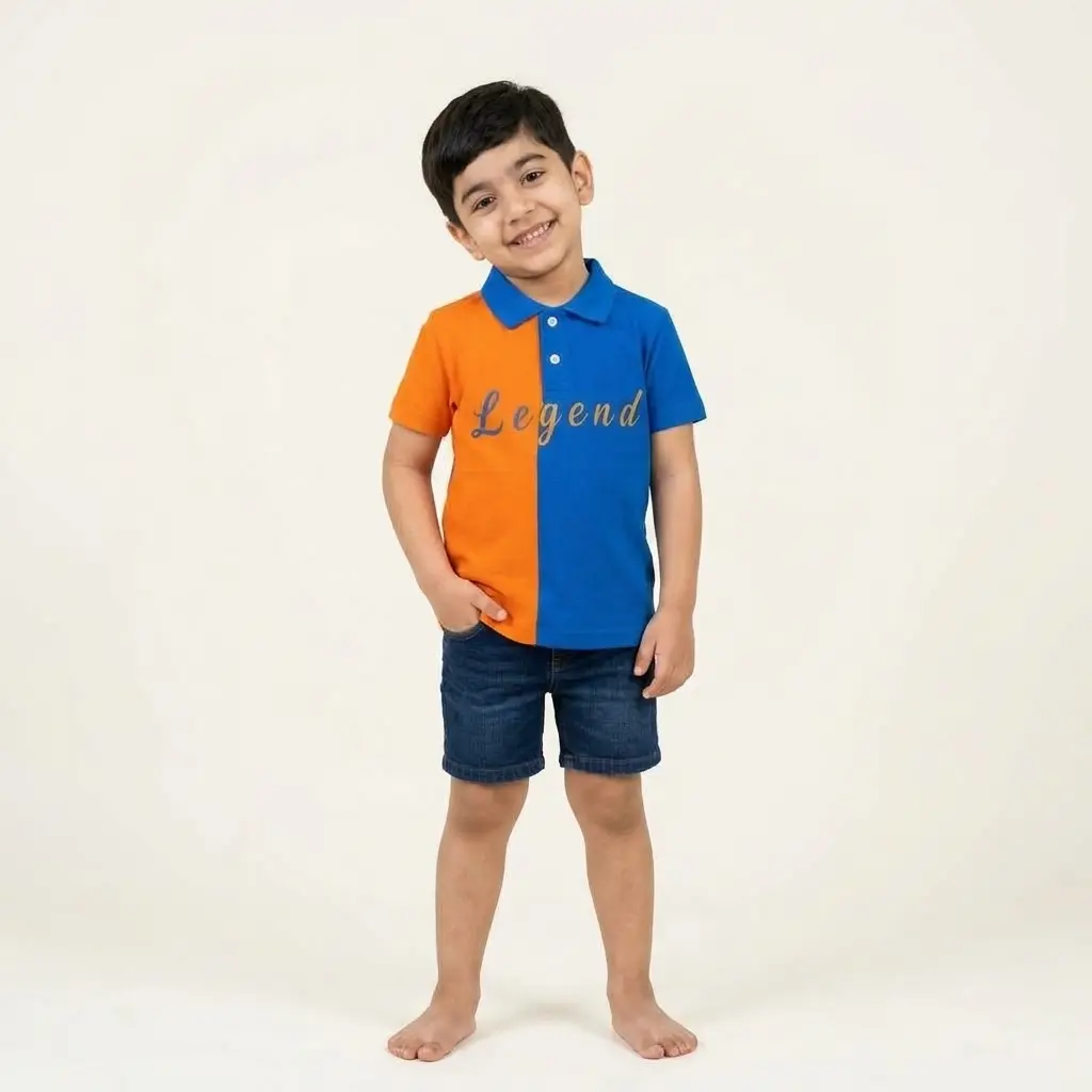 AI Generated Rollover Orange&Blue Polo - New Pose Studio Shot