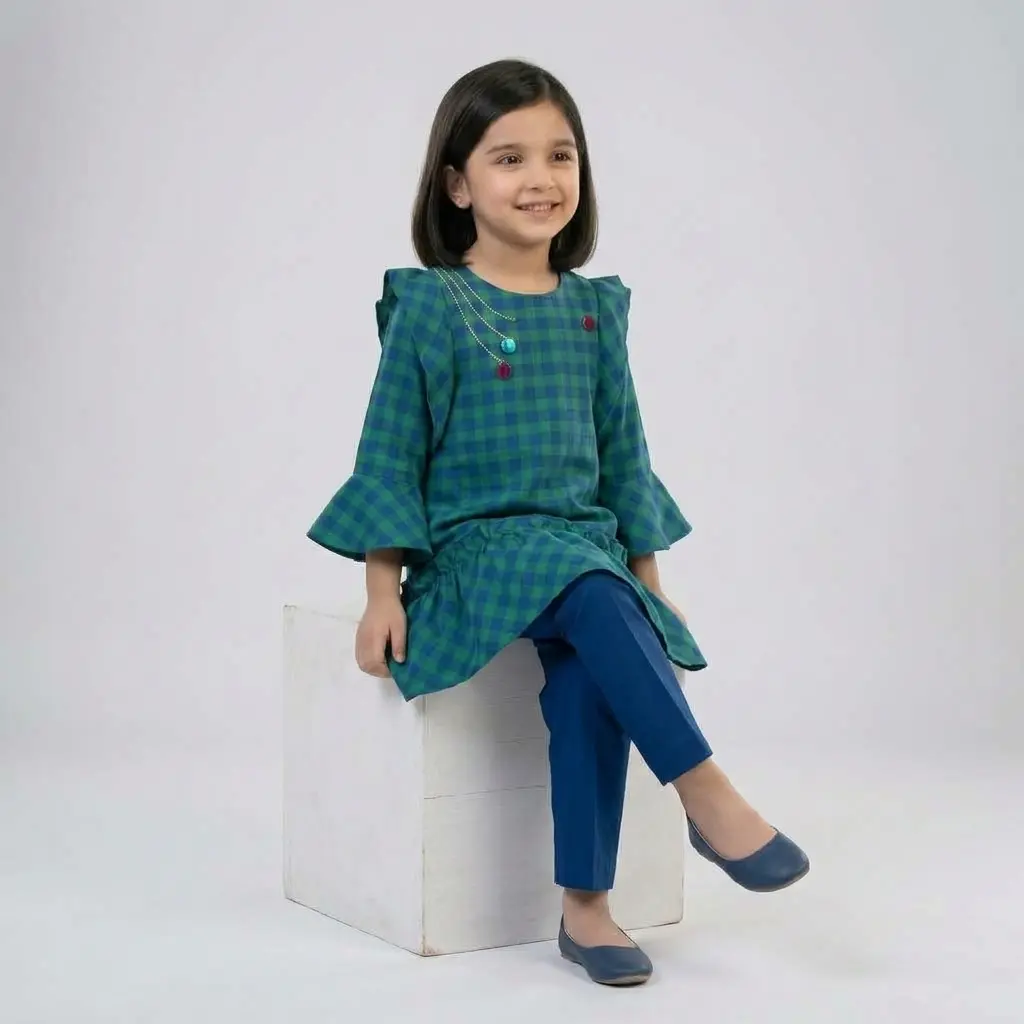 AI Generated HNO Girls GreenBlue Top - Full Outfit Studio Pose