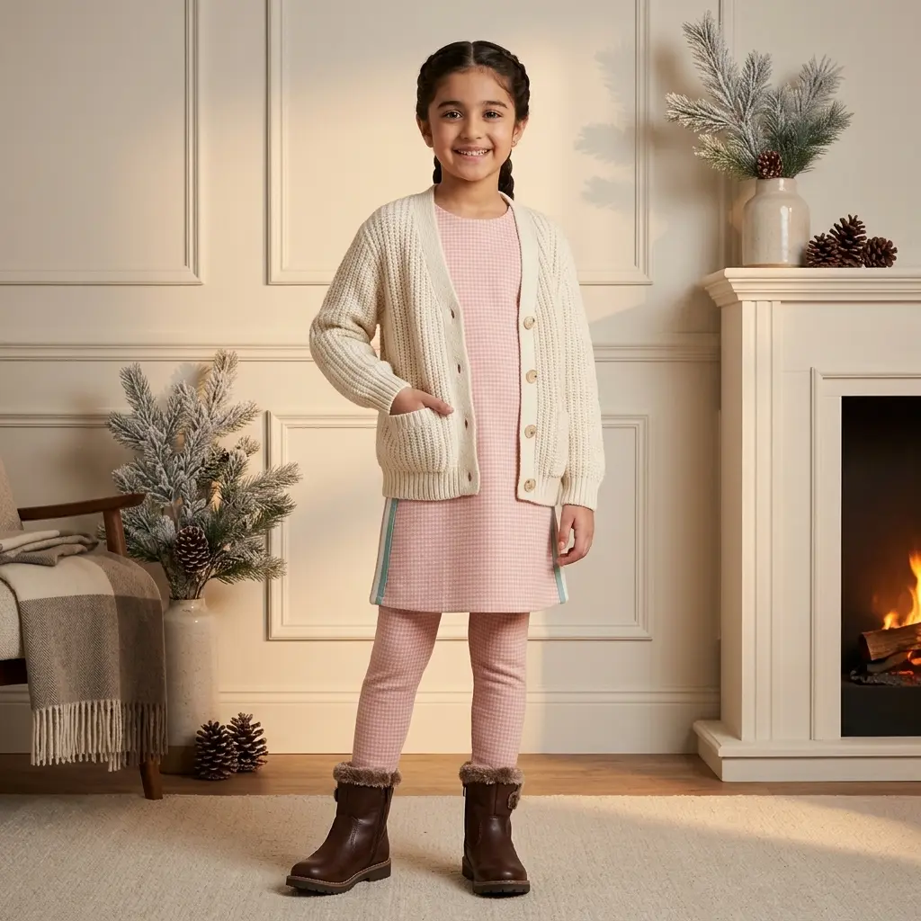 AI Generated Breakout Girls Pink Woolen Dress - Winter Photoshoot
