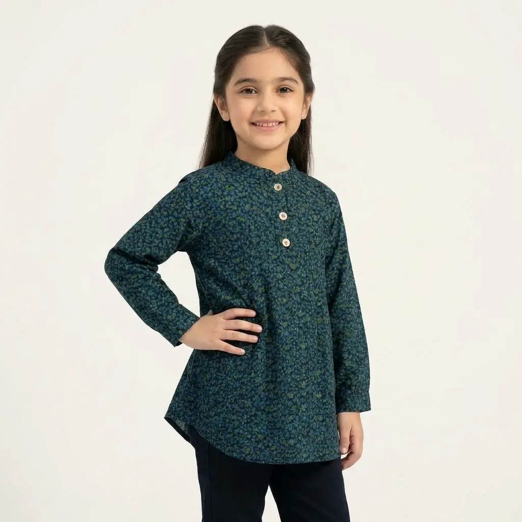 AI Generated Model in Imported Cotray Green Flower Top - Alternative Pose