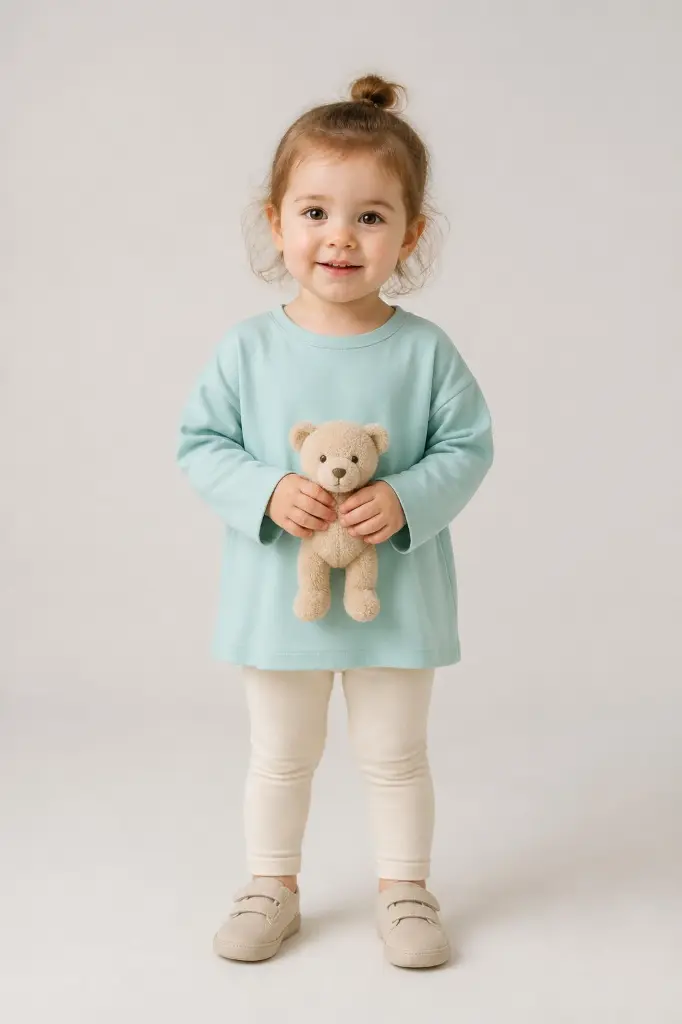 AI Generated RollOver Girls SeaGreen Baggy Shirt – Studio On-Model Holding Toy.webp