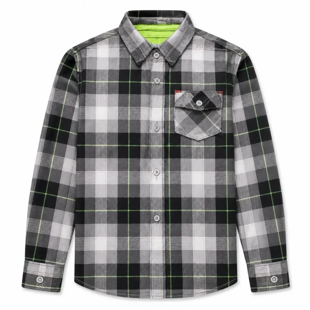 AI Generated Flat lay - ELO Boys Black Grey Shirt on white background