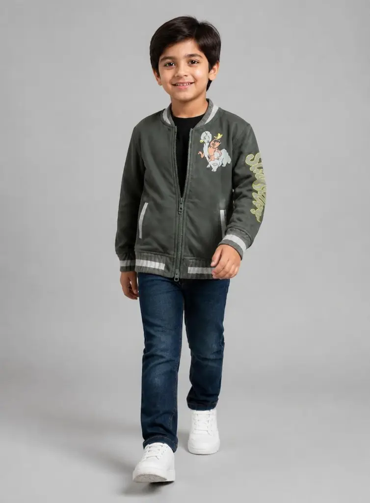 AI Generated ELO Scoobydoo Jacket - same boy model walking pose in studio.webp