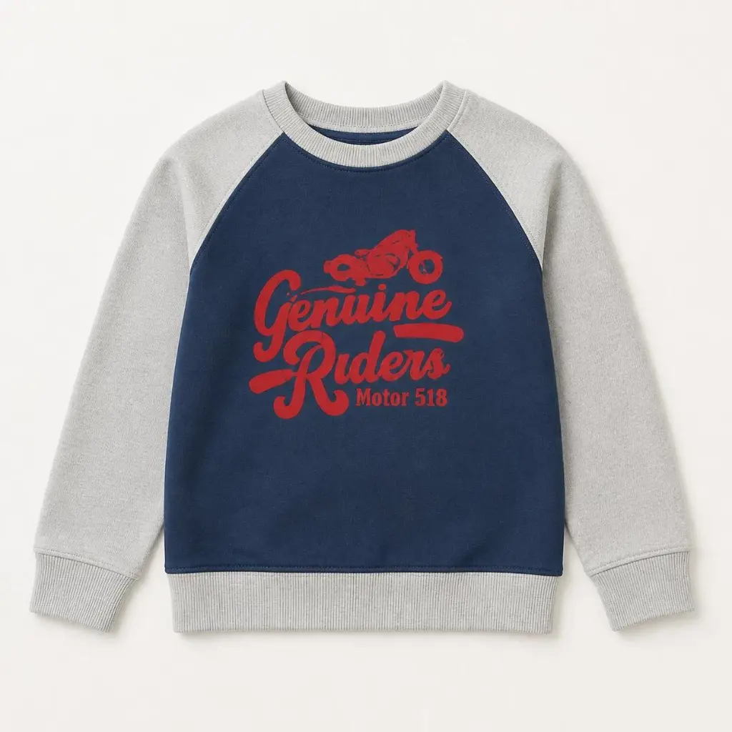 AI Generated Hopscotch Biker Boy Sweat Shirt - Flat Lay Off-White Background