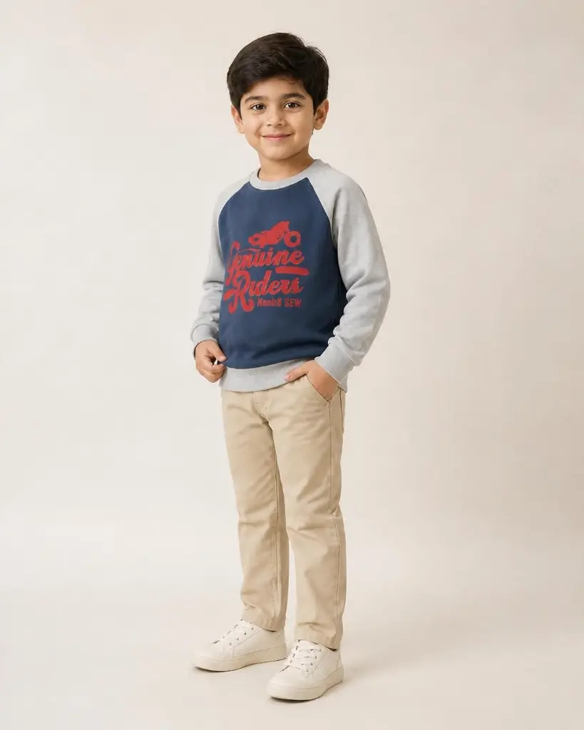 AI Generated Hopscotch Biker Boy Sweat Shirt - Same Kid Model New Pose Studio Off-White.webp