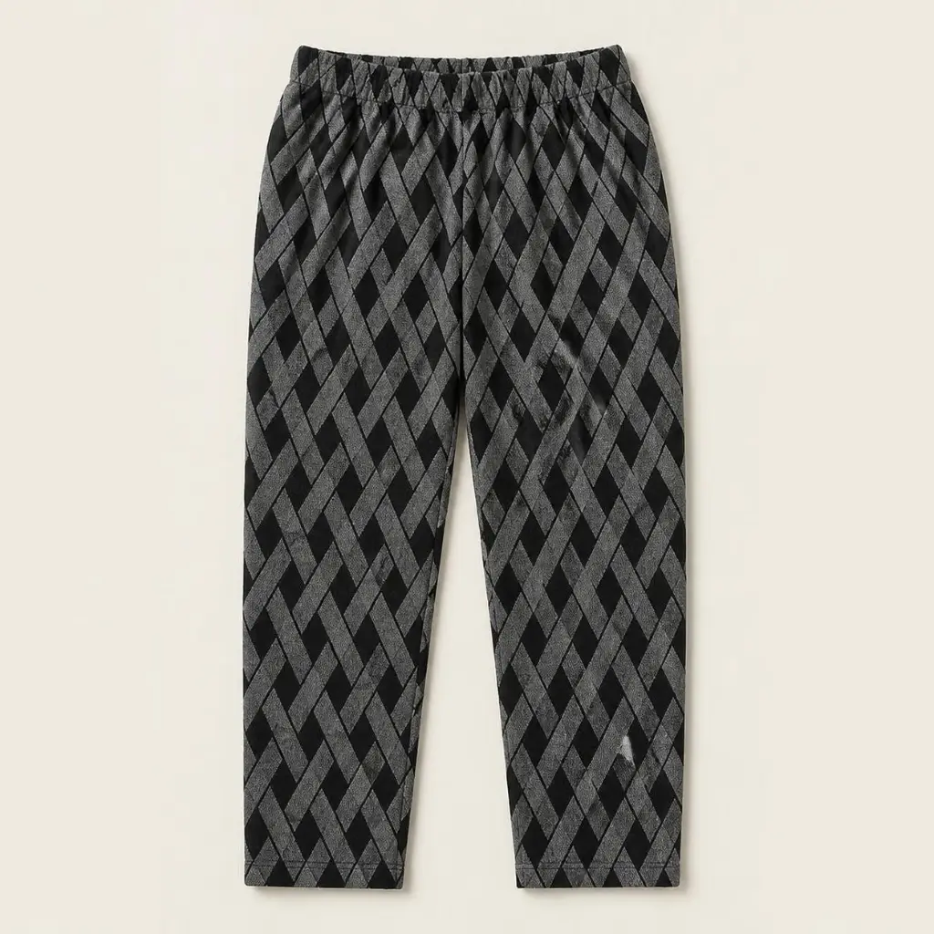 AI Generated Minne Minors Blackgrey Fleece Trousers - flat lay off-white background