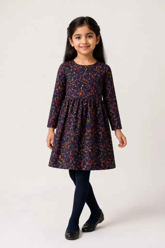 AI Generated LeasureClub Girls Black Frock - Knee-length with tights (studio off-white)