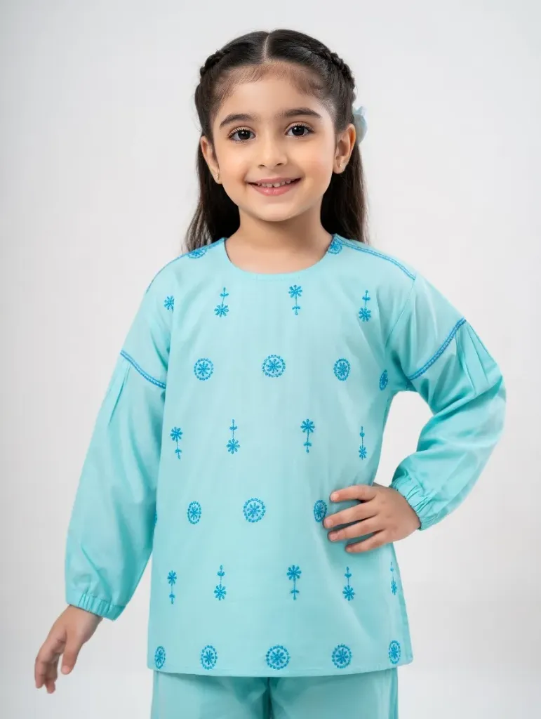 Rollover Girls Mint EMB Top (6-7Y)