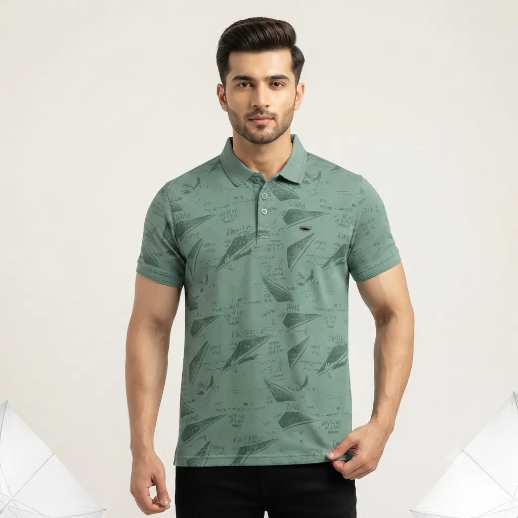 Men Printed Mint Polo (M)