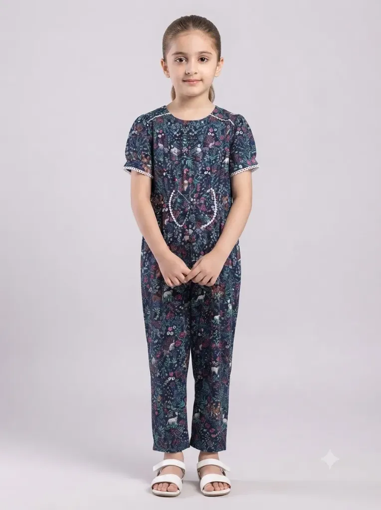 RollOver Girls Printed NavyBlue Jumpsuit