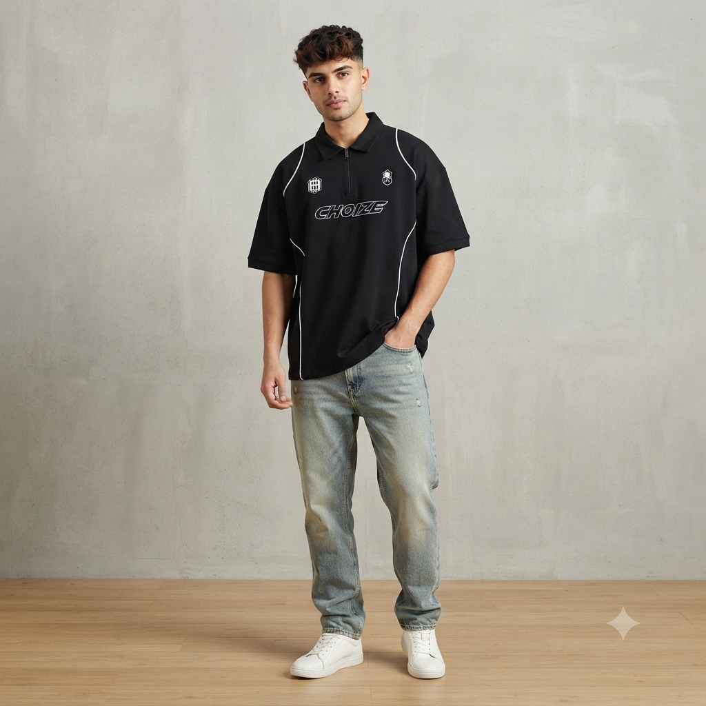 Men Zip Polo Black (M)
