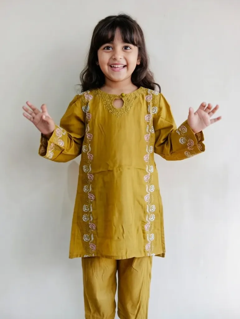 KC Raw Silk Mustard Emb 2PC (2-3Y)