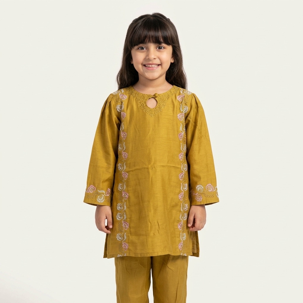 KC Raw Silk Mustard Emb 2PC