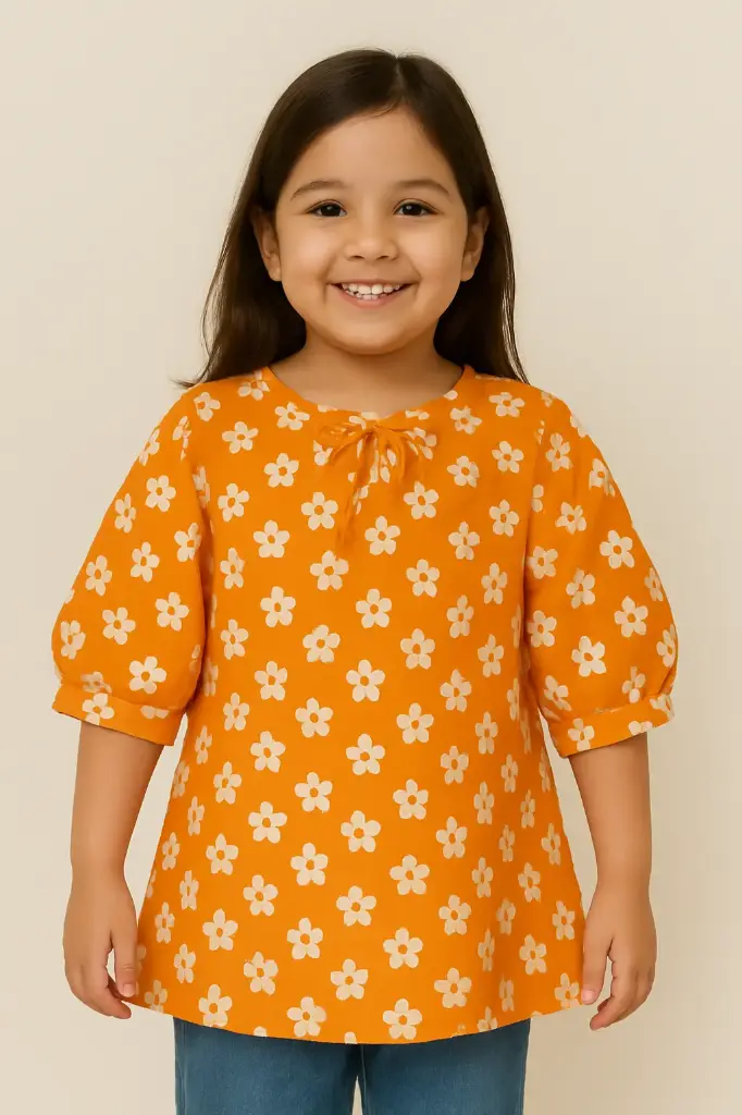 Rollover Orange&White Flowers Top (6-7Y)