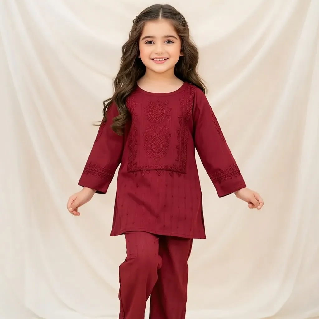 PepperLand  Red EMB 2PC Suit (6-7Y)