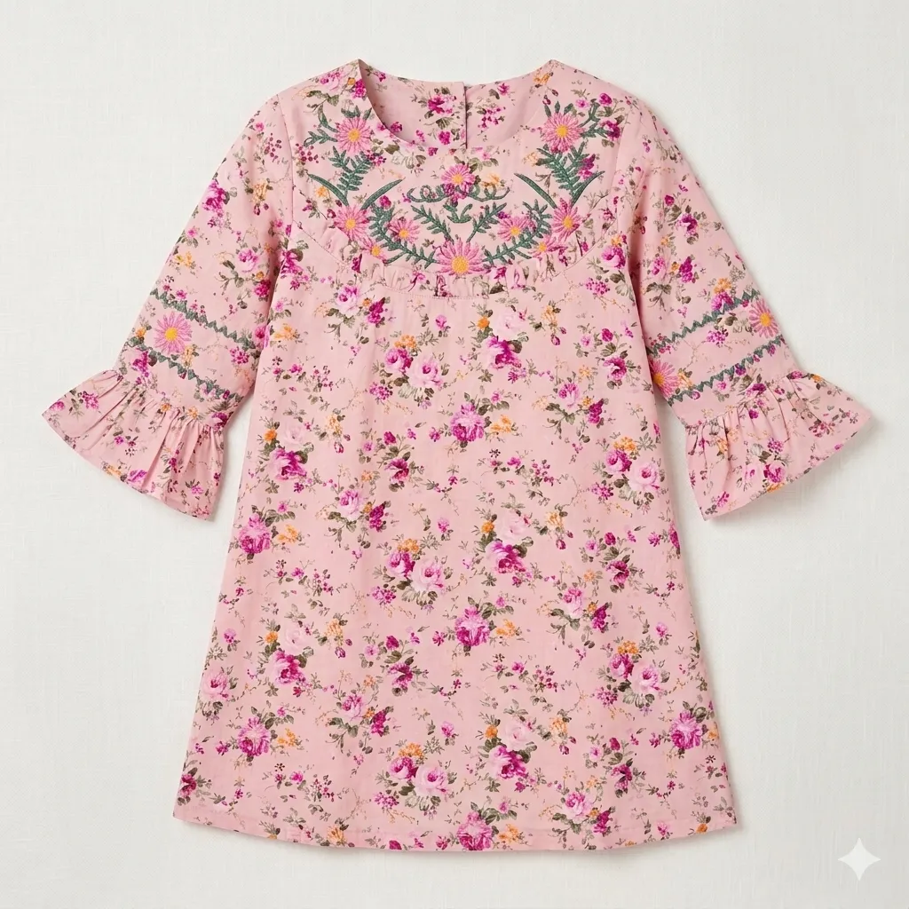 PepperLand Girls Pink EMB Kurti